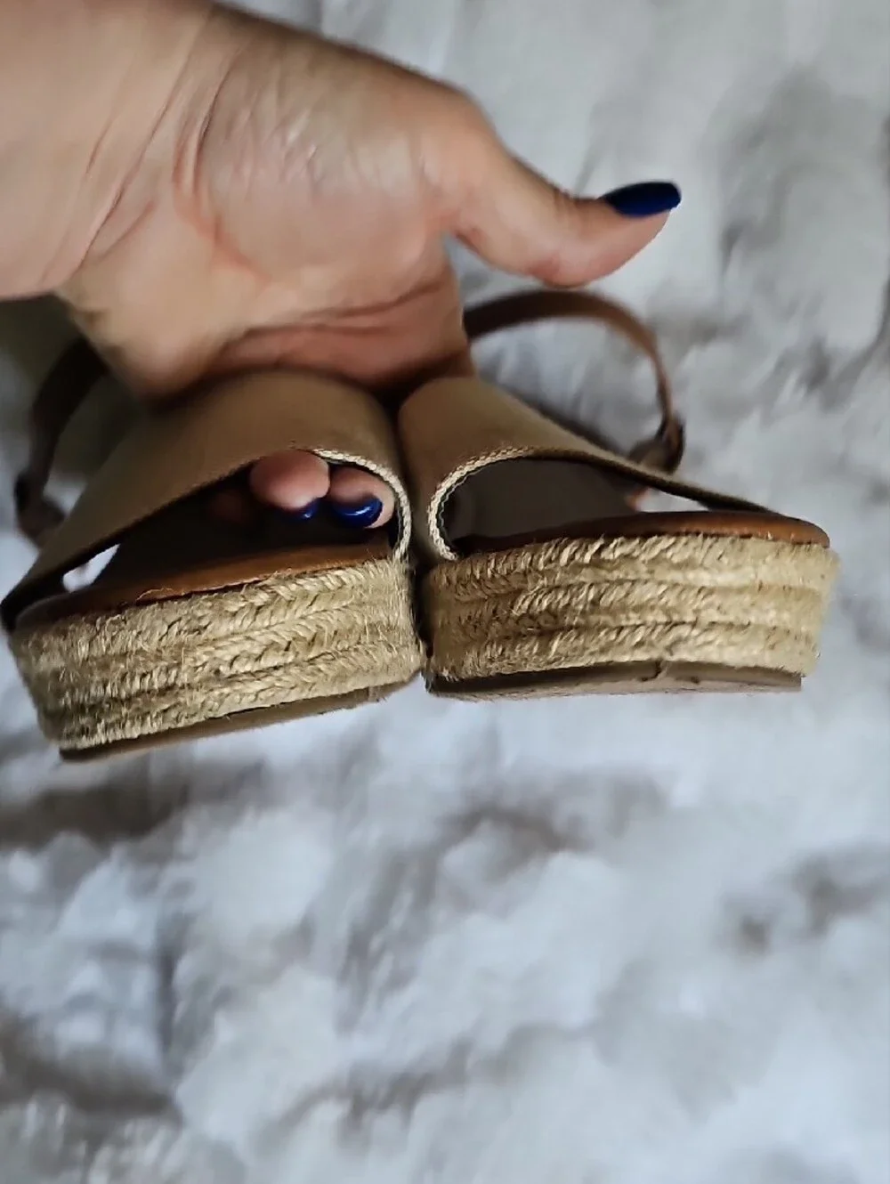 Women’s Tan Espadrille Wedge Sandals with Beige Fabric Toe Strap